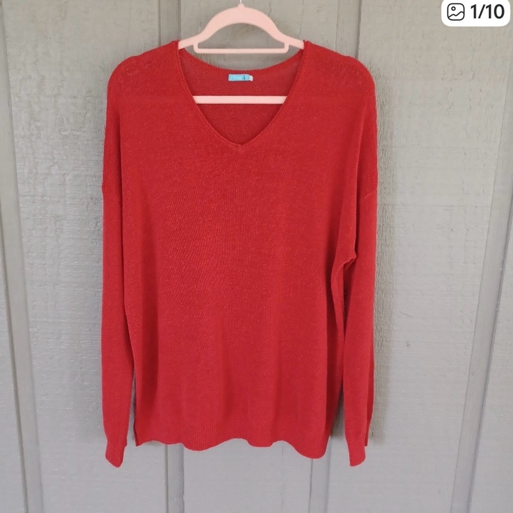 J Mclaughlin Women Knit Sweater Size XL Preppy Red Long Sleeve V Neck Pullover